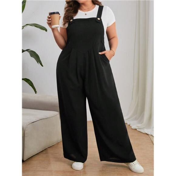 Plus Solid Wide Leg Overall Jumpsuit Without Tee